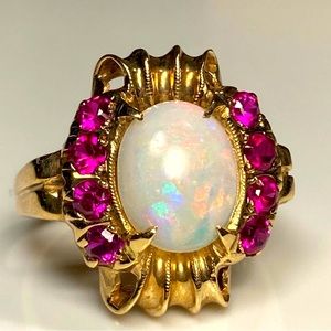 Antique Belle Epoque Opal and Ruby Ring 10K Yellow
Gold